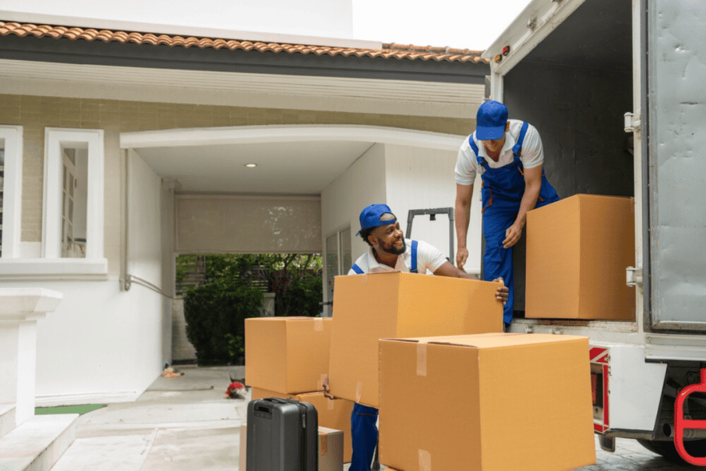 Two workers in blue uniforms and caps unload large cardboard boxes from a moving truck parked outside a house, providing seamless Residential Moving services. One worker stands inside the truck, handling a box, while the other stands on the ground, reaching up to assist. Suitcases are visible near the truck.
