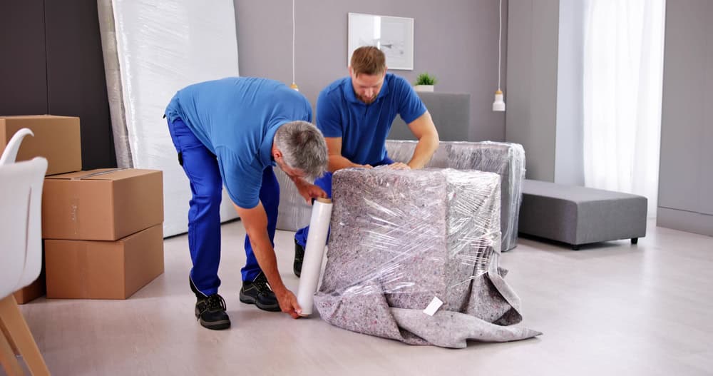 Two movers in blue uniforms wrap furniture with protective padding and plastic wrap in a modern, unfurnished room. Several cardboard boxes and a wrapped mattress are visible, indicating a residential moving process. The room has white walls, a window, and minimal decor.