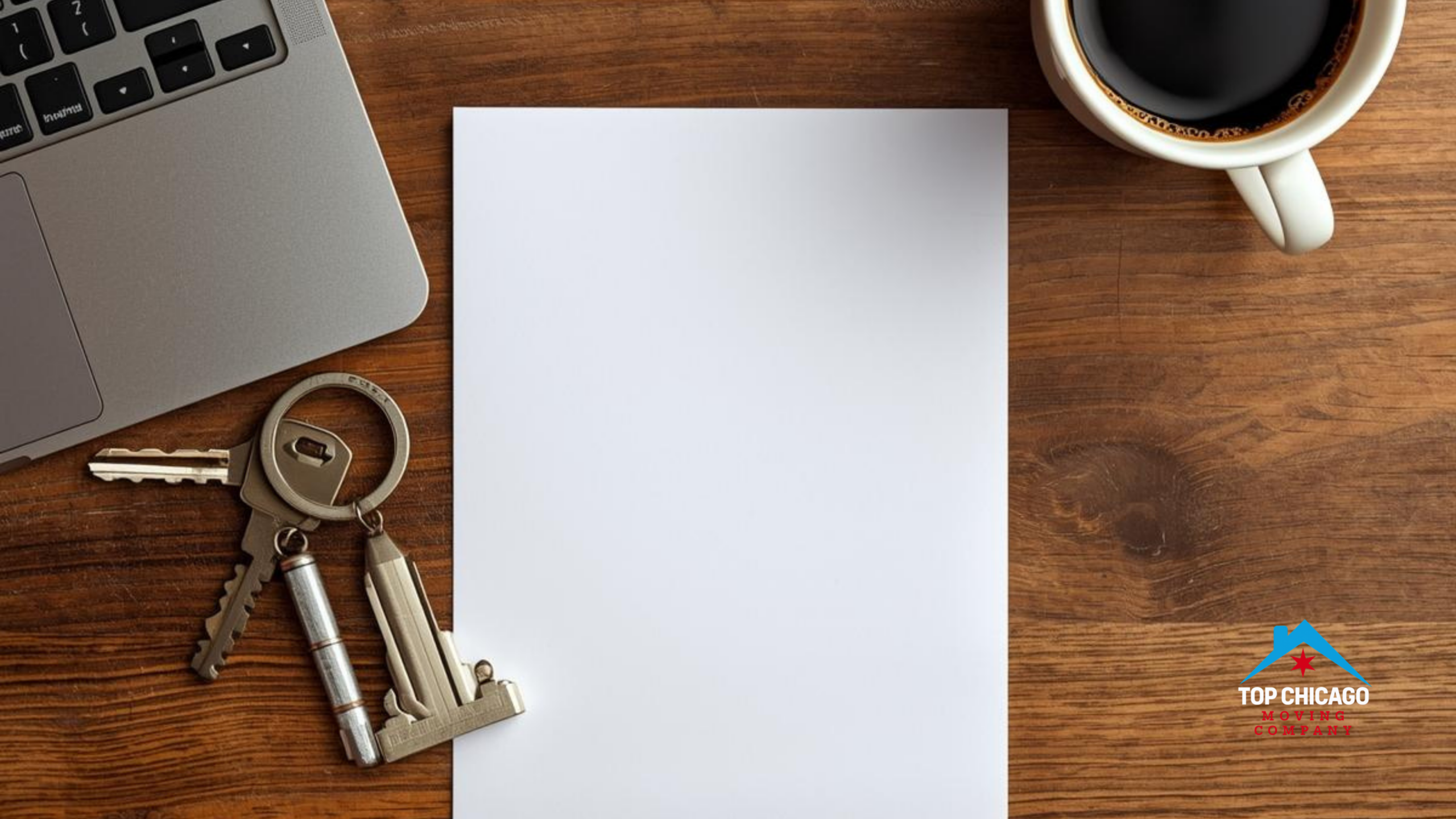 Chicago apartment moving checklist on a wooden desk with keys, L train keychain, and coffee cup in bright natural light.