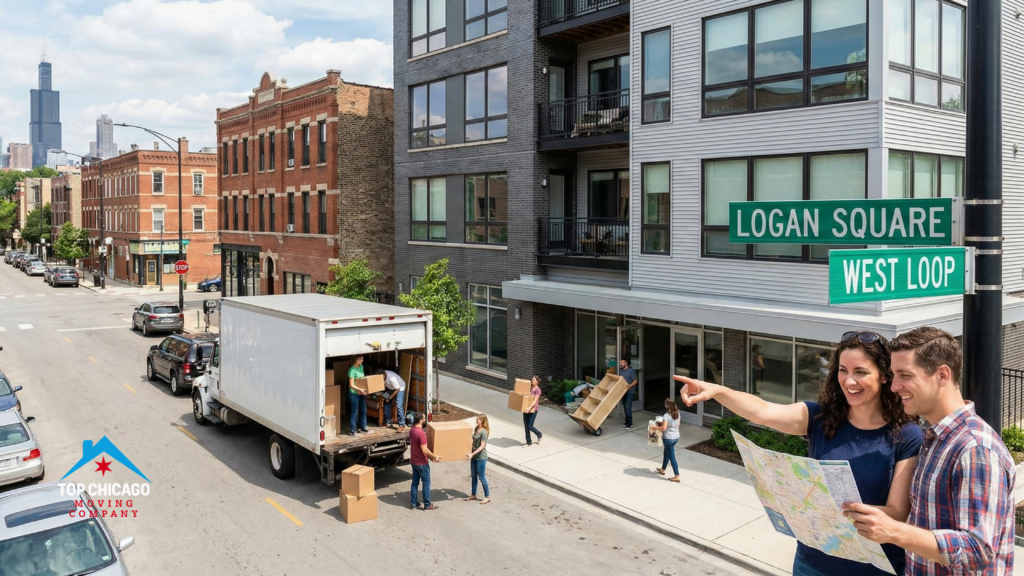 Couple looking at a map next to an active moving truck on a Chicago street, featuring Logan Square and West Loop neighborhood signs.
