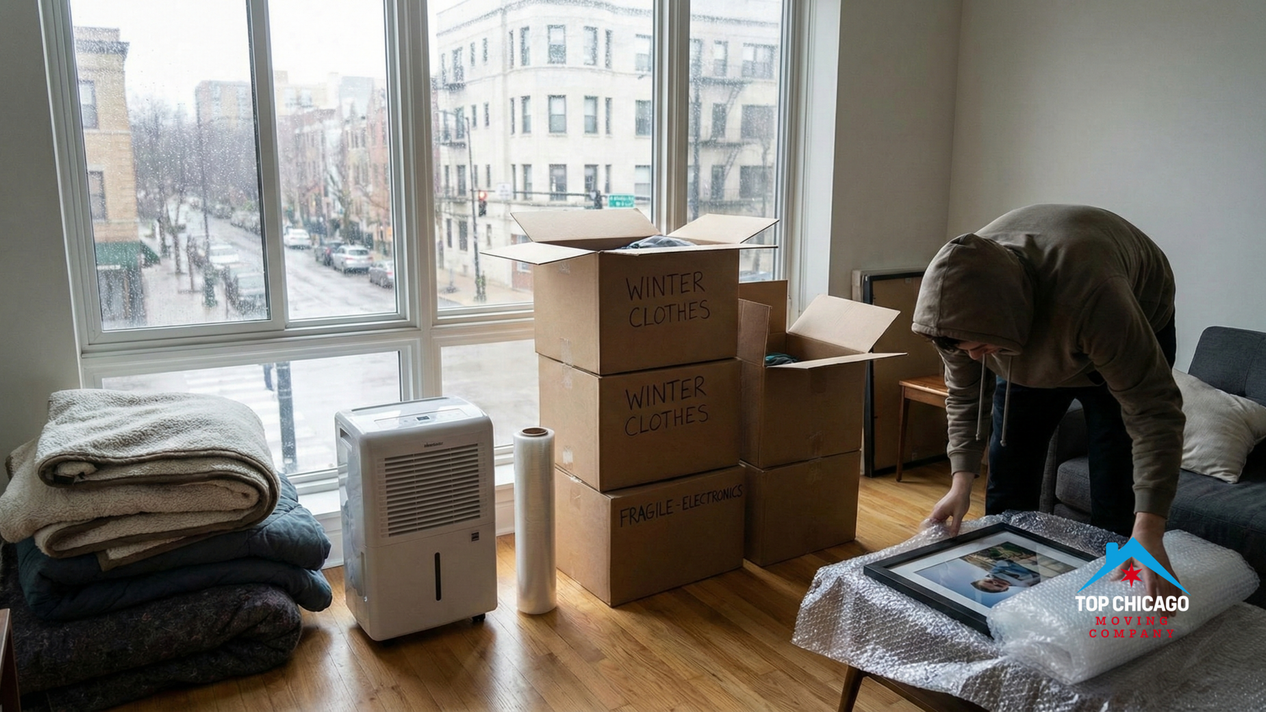Packing winter clothes and wrapping electronics in bubble wrap to protect against Chicago cold and humidity, with a rainy city apartment view in the background.