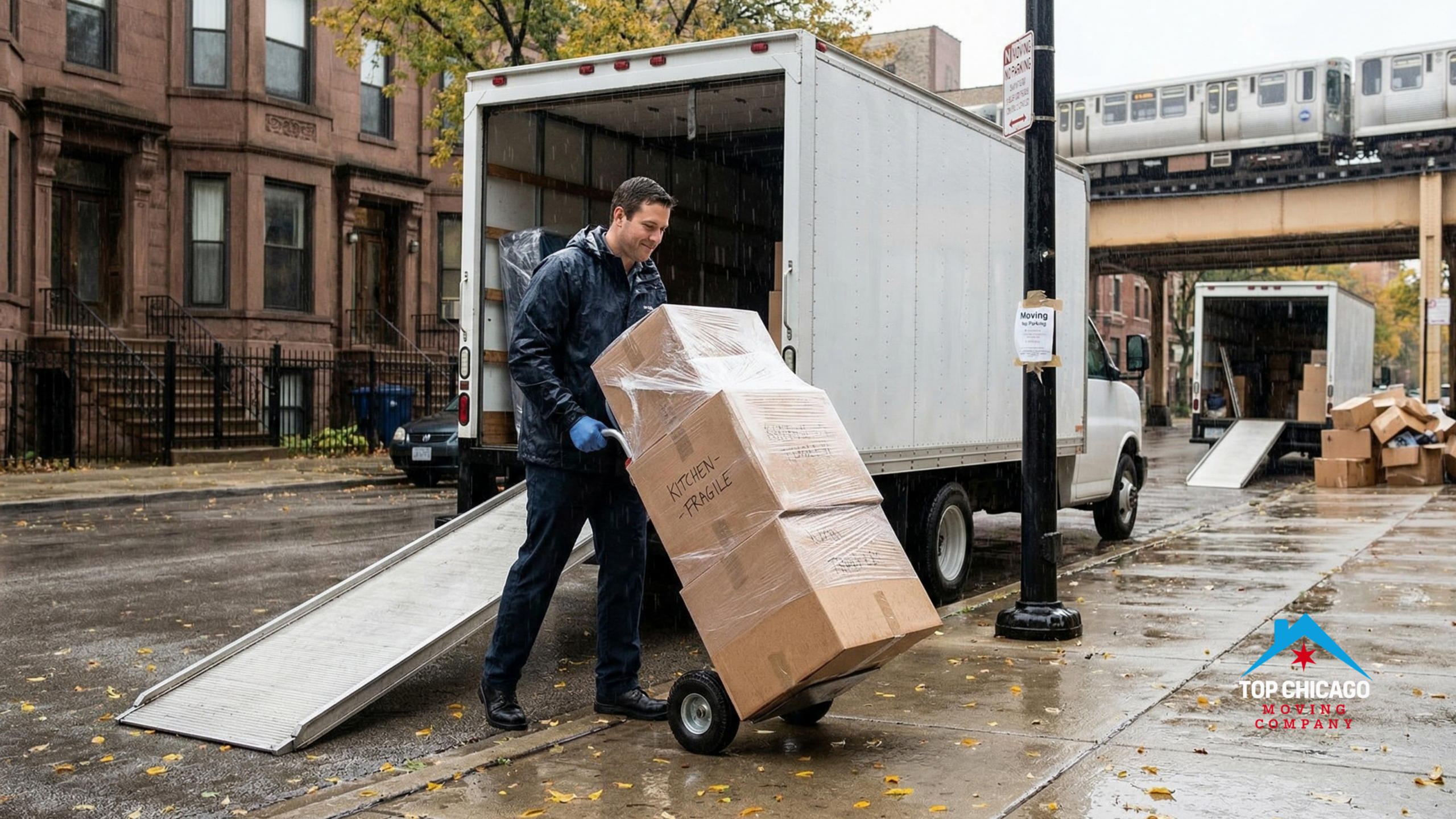 Mover navigating plastic-wrapped moving boxes in Chicago rain under the L train tracks, illustrating typical urban moving day challenges.