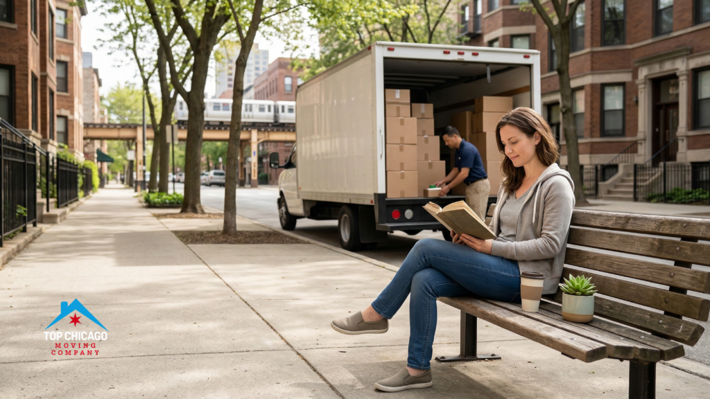 Calm woman reading on a city bench while professional movers load a truck on a tree-lined Chicago street with the L train in the background.