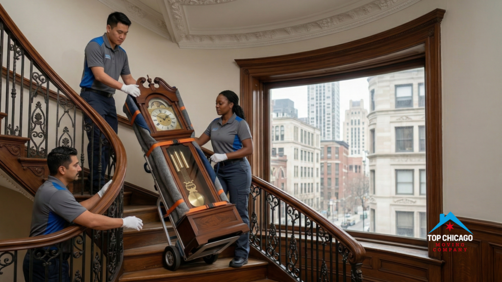 Three professional movers wearing white gloves transporting an antique grandfather clock down a curved wooden staircase using a secured hand truck and protective padding.