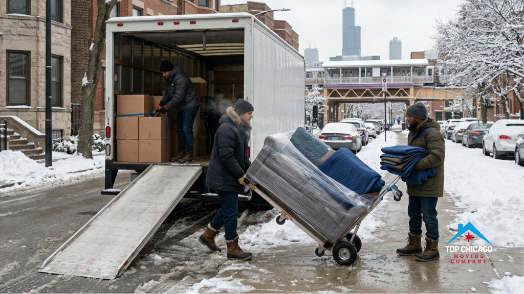 Professional movers loading a couch onto a truck during a snowy Chicago winter day with the city transit system in the background.