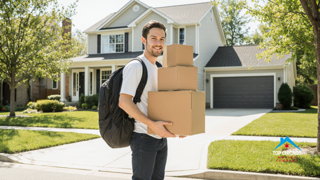 Young professional carrying a laptop bag and moving boxes in front of a spacious house in a tree-lined Chicago suburb.