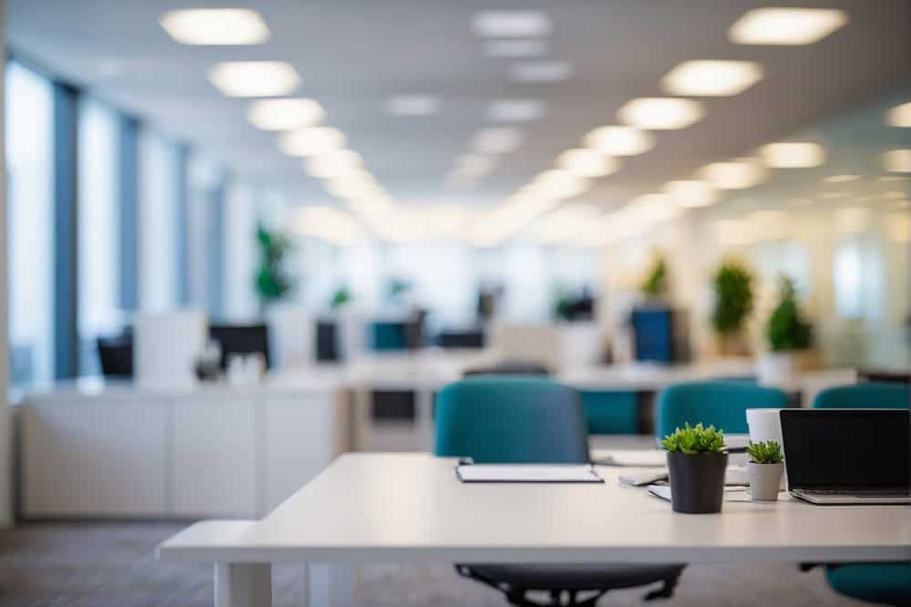 A modern, open-plan office space with bright lighting and large windows providing plenty of natural light. Work desks are equipped with laptops, organizers, and small potted plants. For those undergoing commercial moving, our moving services ensure smooth transitions while preserving the blue and white decor with comfortable office chairs.