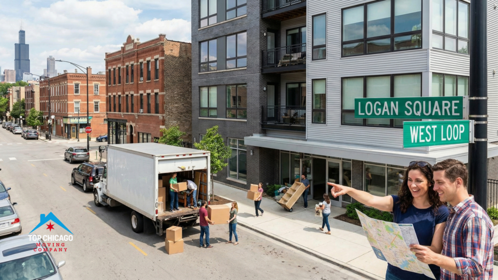 Couple looking at a map next to an active moving truck on a Chicago street, featuring Logan Square and West Loop neighborhood signs.