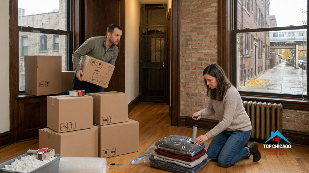 A couple utilizes vacuum sealing and labeled moving boxes inside a classic Chicago apartment with exposed brick walls, preparing for a move in the city.