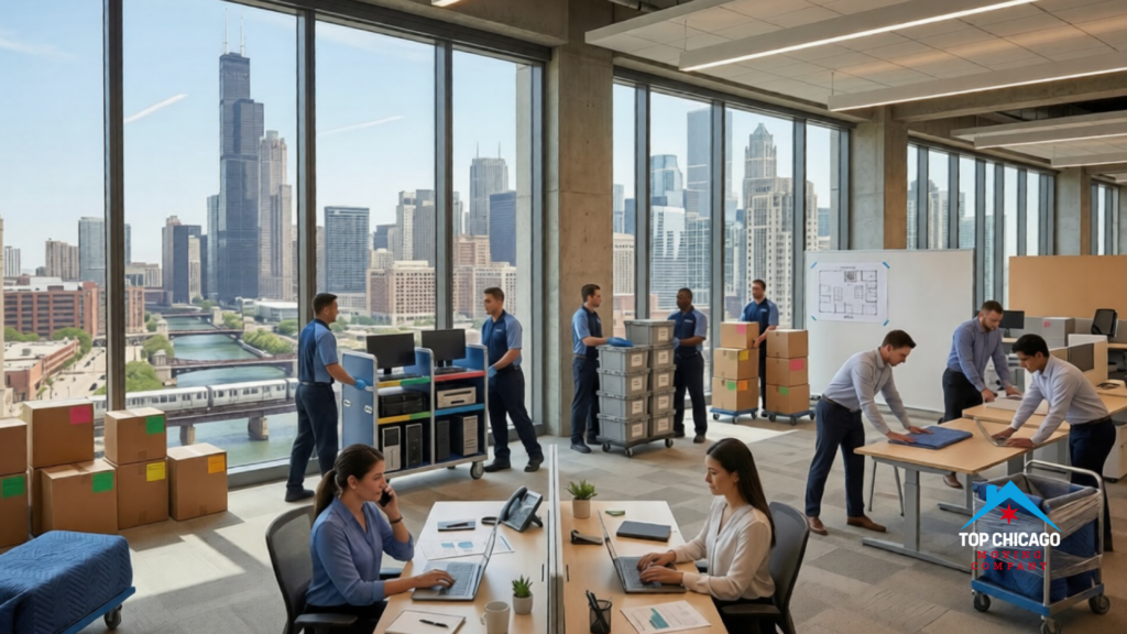 Professional movers transporting IT equipment and boxes in a modern Chicago high-rise office while employees continue working at their desks.