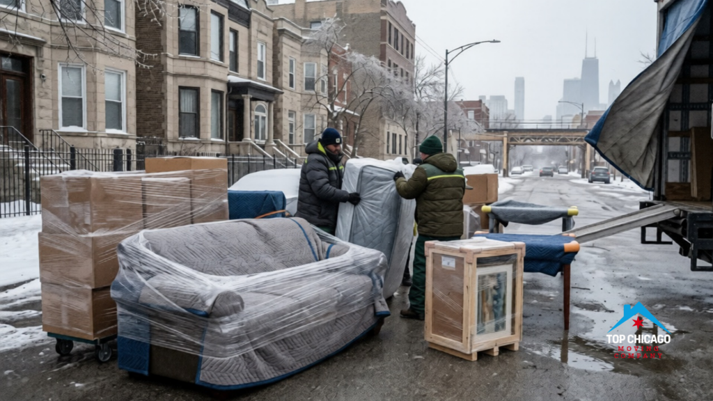 Professional movers loading shrink-wrapped and padded furniture into a truck on a snowy Chicago street.