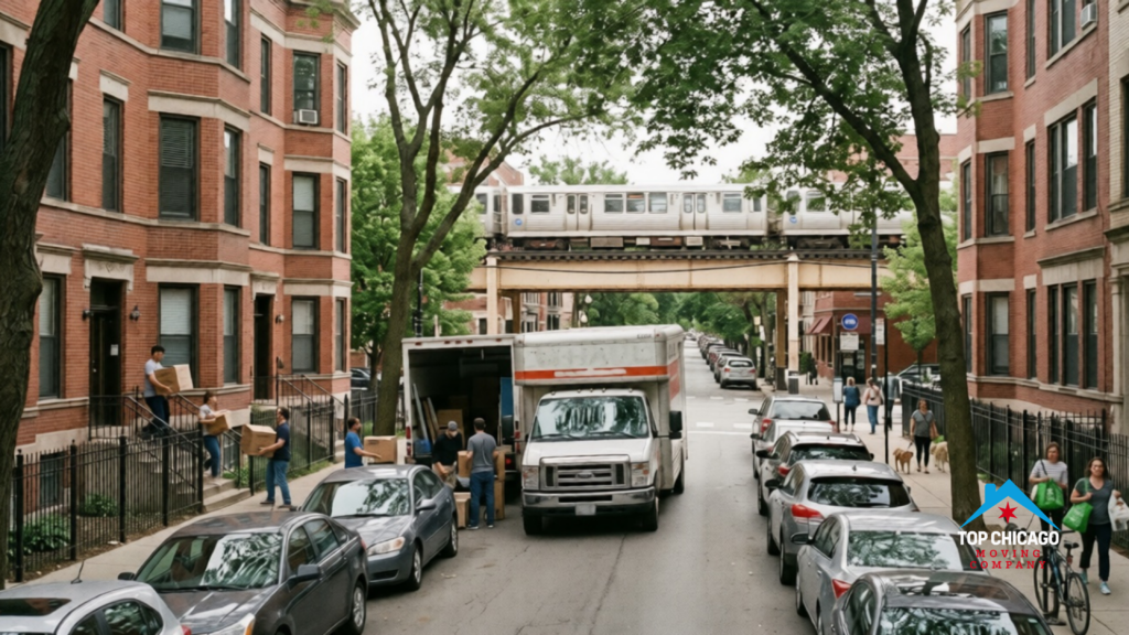 Movers carrying boxes near a commercial moving truck on a dense residential street in Lakeview Chicago with parked cars and an elevated train.