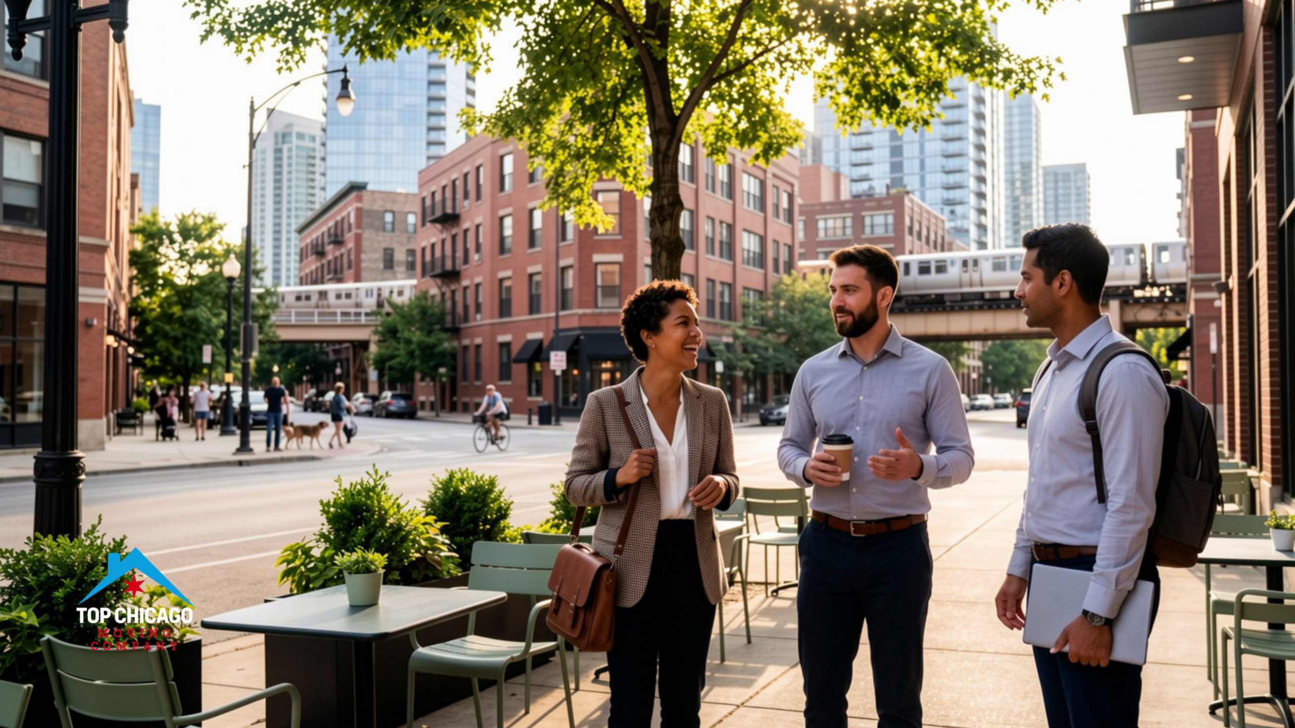 Young professionals walking past an outdoor cafe in a trendy Chicago neighborhood like the West Loop or River North with modern high-rises and an elevated train track.