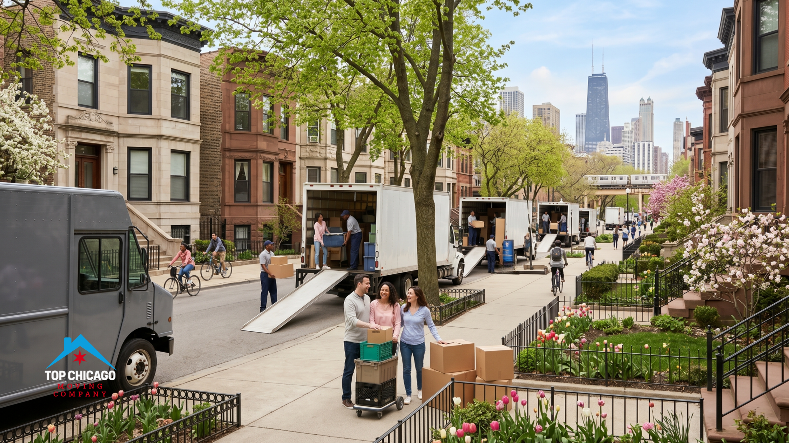 Multiple moving trucks lined up on a blooming spring residential street in Chicago with brownstone houses and the city skyline.