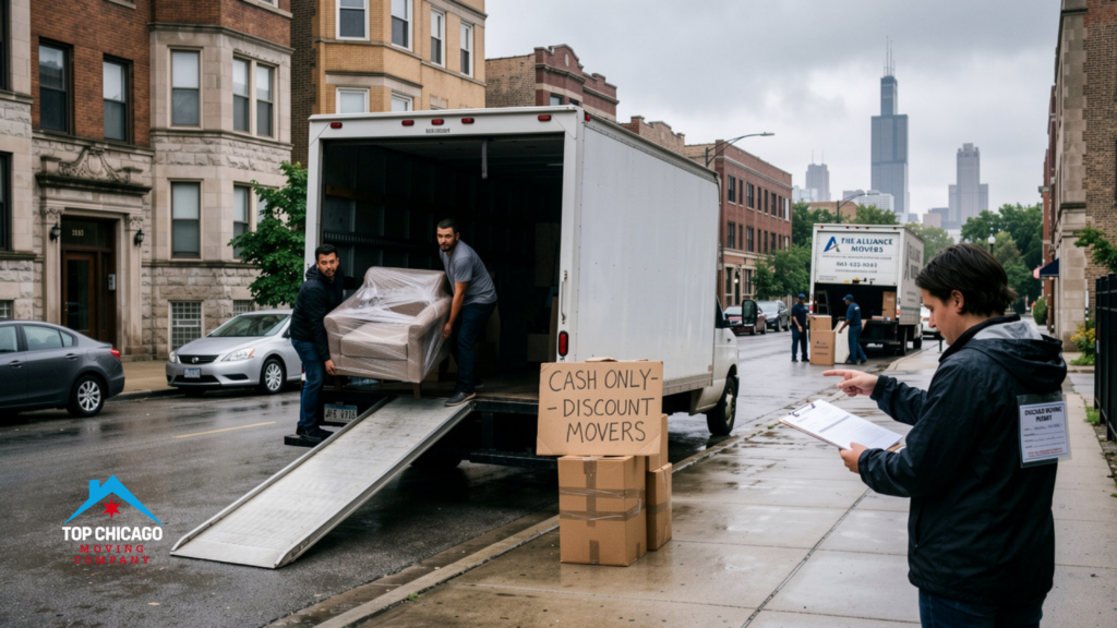 An illustrated resident in a Chicago neighborhood disputes a contract with non-uniformed movers operating a generic truck, while a legitimate moving truck works in the background.