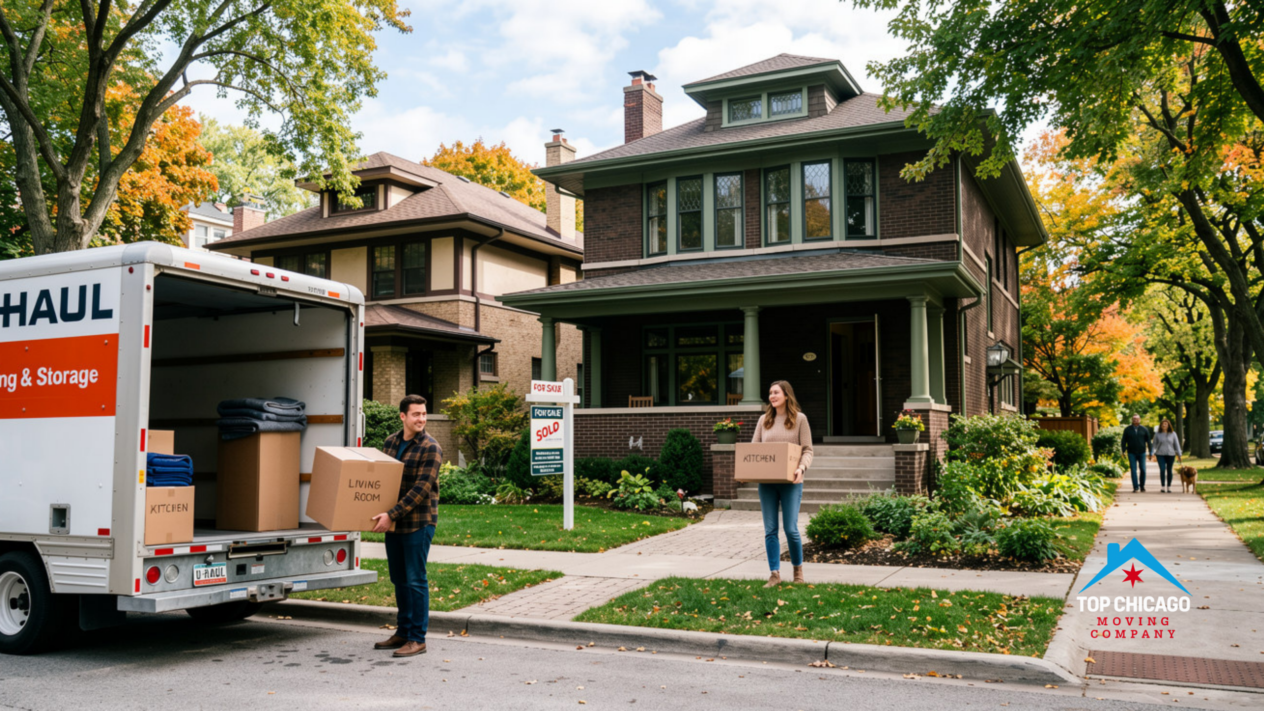 A moving truck parked in front of a historic Prairie School-style house in Oak Park Illinois with a couple unloading boxes on a tree-lined street.