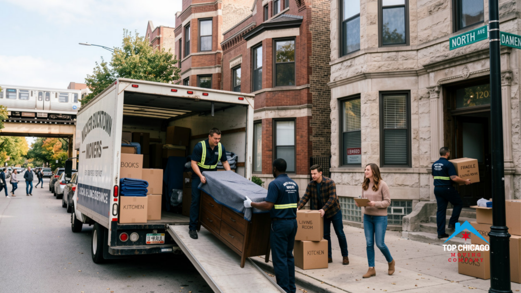 Professional movers unloading a local moving truck on a city street in Wicker Park and Bucktown Chicago with an elevated train passing in the background.