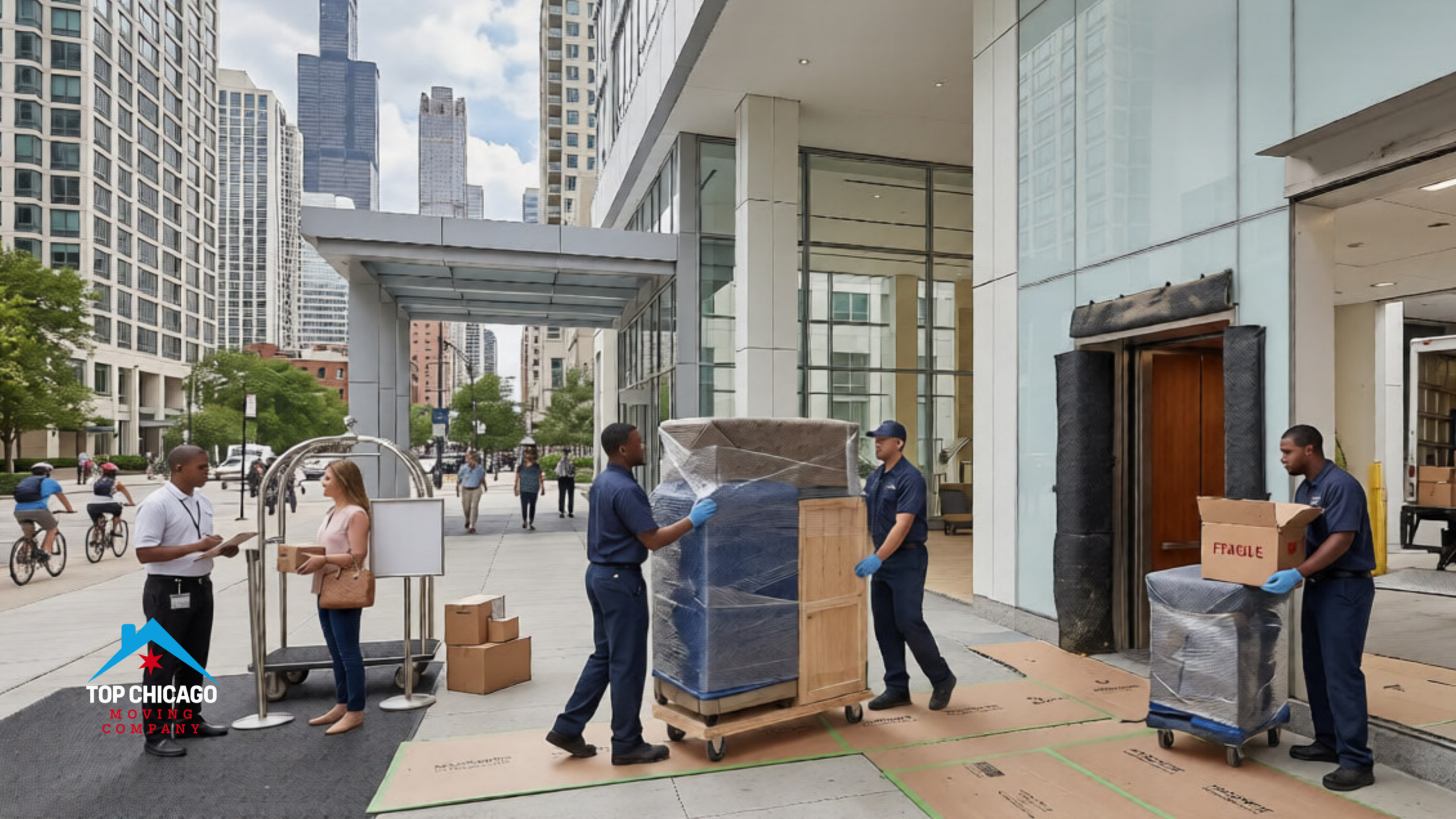 Chicago high-rise moving logistics with professional movers using a service elevator and loading dock at a downtown condo building next to the Willis Tower.