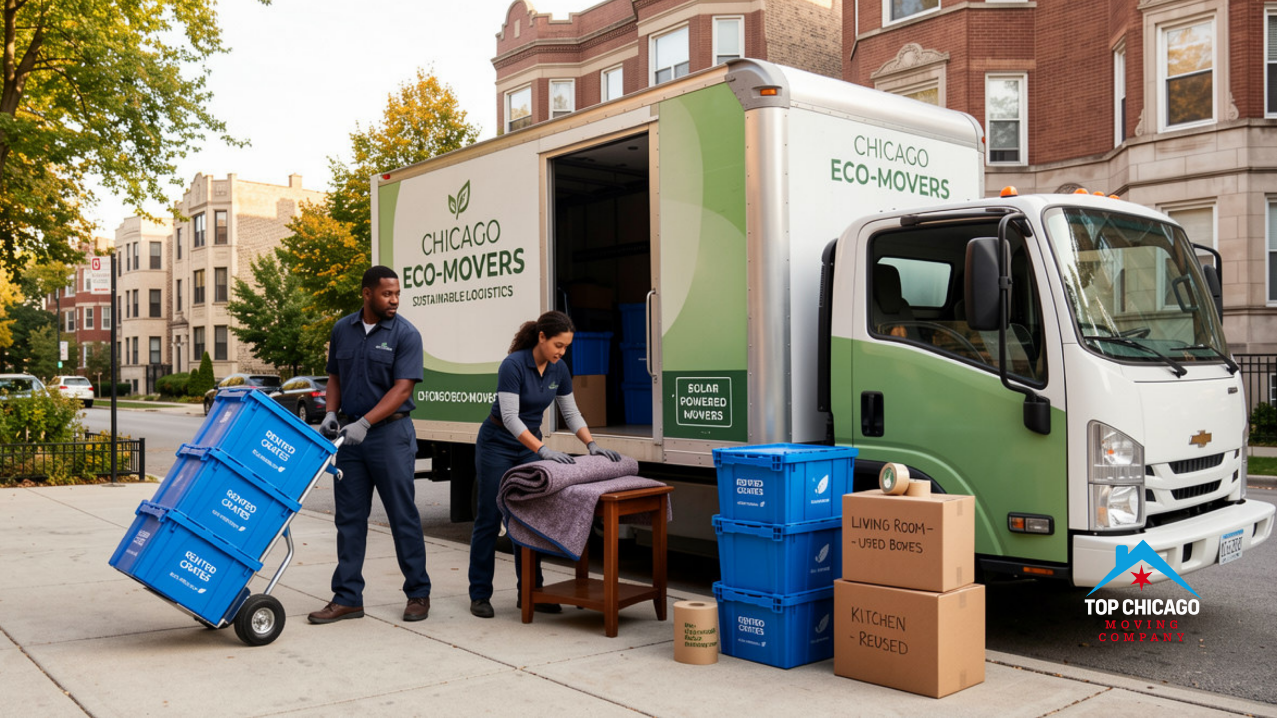 Chicago Eco-Movers loading reusable blue moving crates and second-hand boxes onto a green solar-powered moving truck on a residential Chicago street.