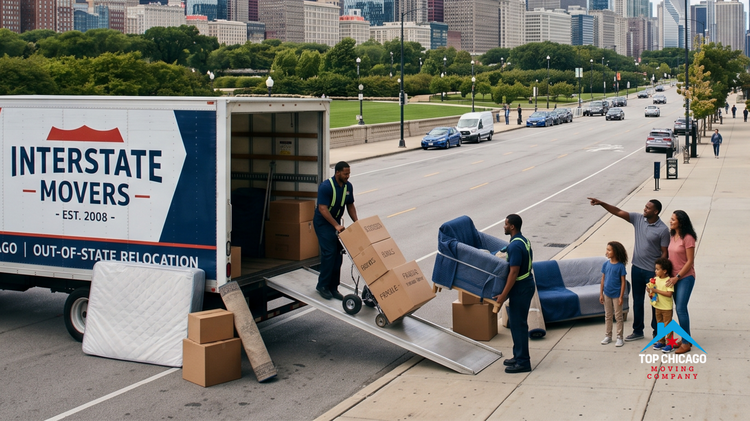 Long-distance movers loading a truck on a wide sidewalk in Grant Park Chicago with the city skyline and Lake Michigan in the background for an out-of-state relocation.