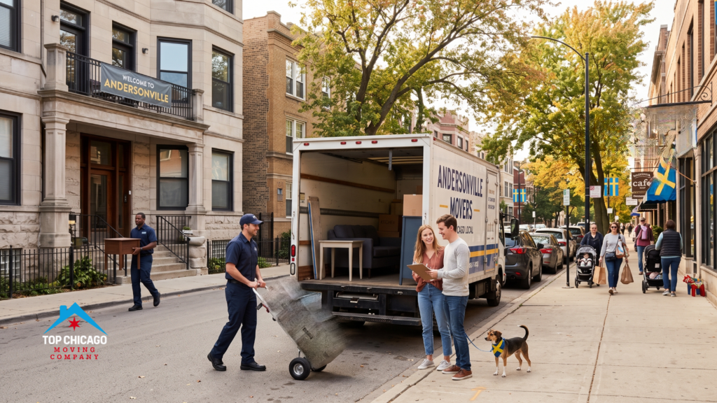 Moving to Andersonville Chicago: A happy couple reviews a checklist as movers unload furniture from a truck in front of a Greystone apartment on a tree-lined street near Swedish flags.