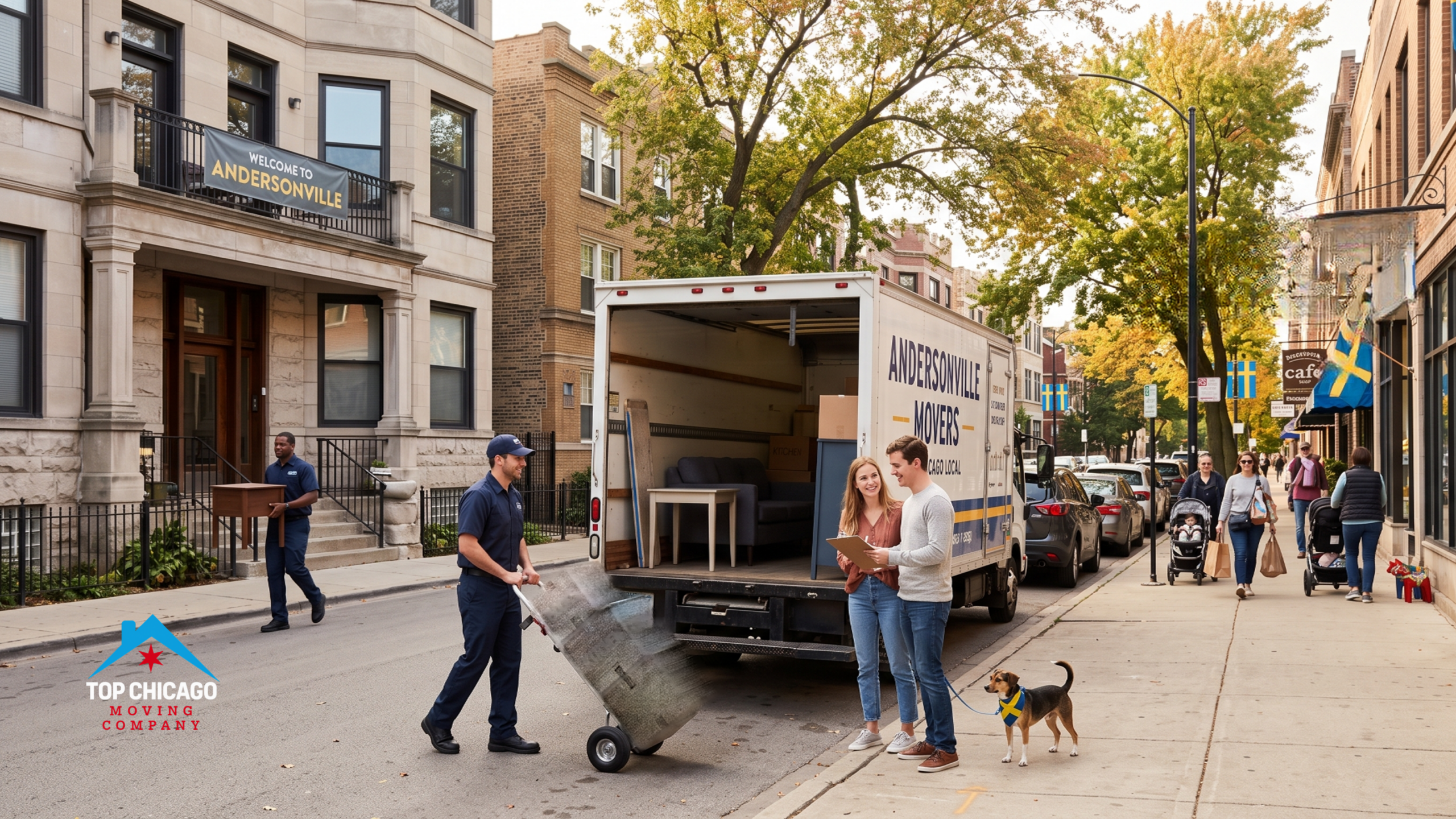 Moving to Andersonville Chicago: A happy couple reviews a checklist as movers unload furniture from a truck in front of a Greystone apartment on a tree-lined street near Swedish flags.