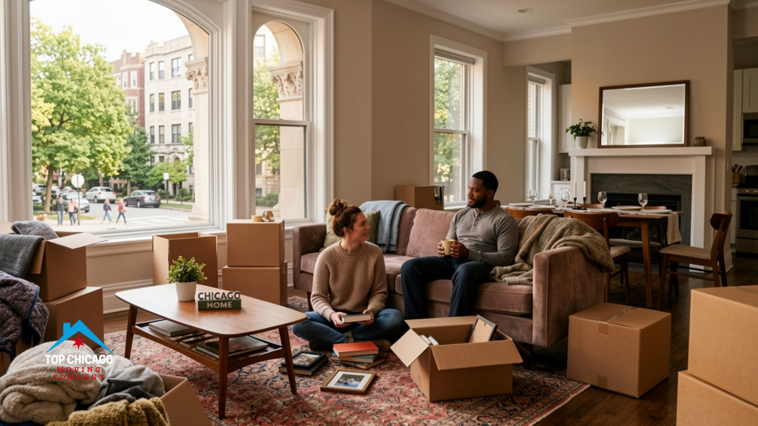 Couple relaxing amidst moving boxes labeled 'LIVING ROOM' and 'BOOKS' in their new Chicago Greystone apartment, looking out at a tree-lined residential street.