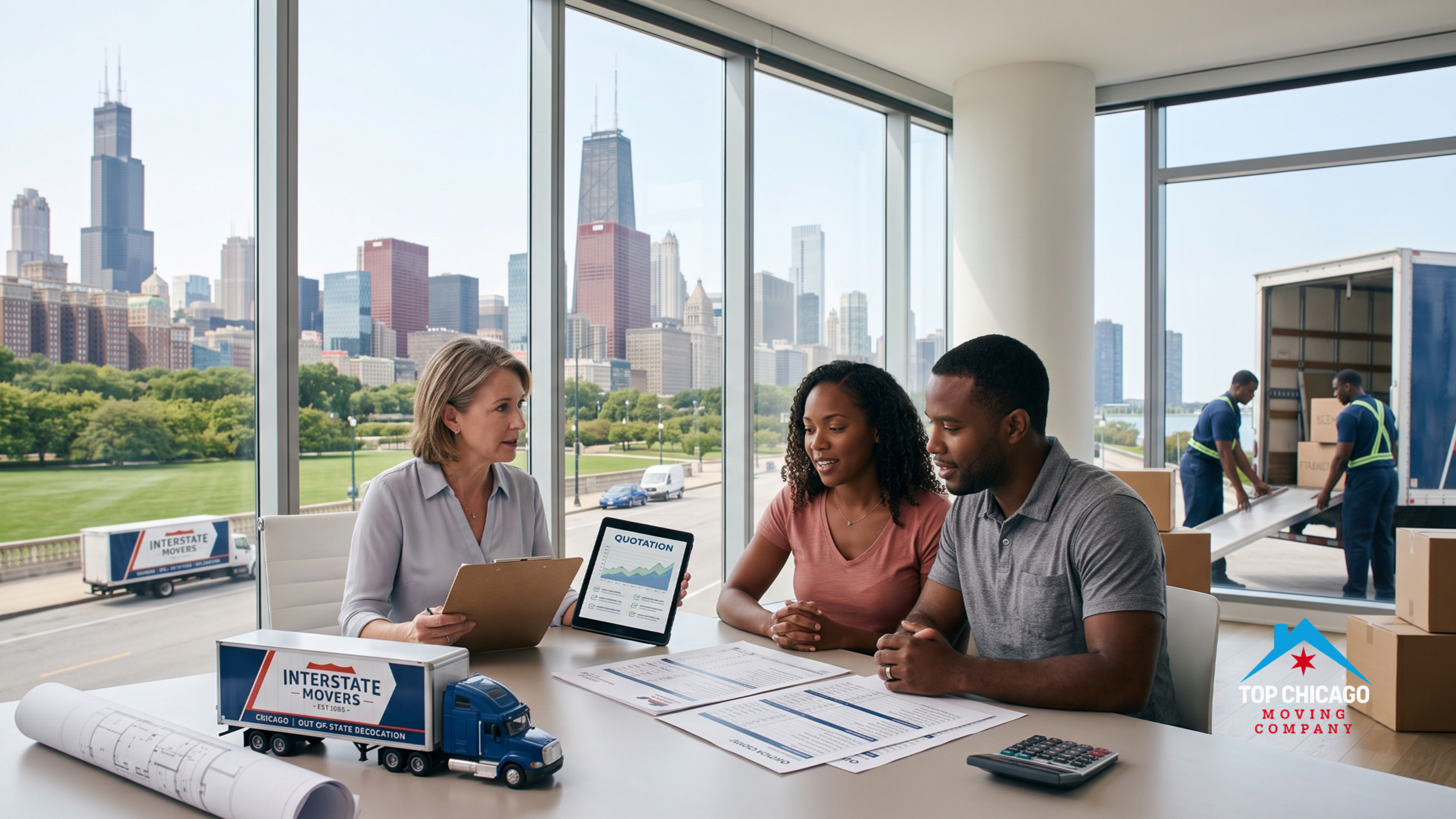 Chicago moving consultant shows a long-distance moving quote on a tablet to a couple in an office overlooking the downtown skyline and Grant Park.